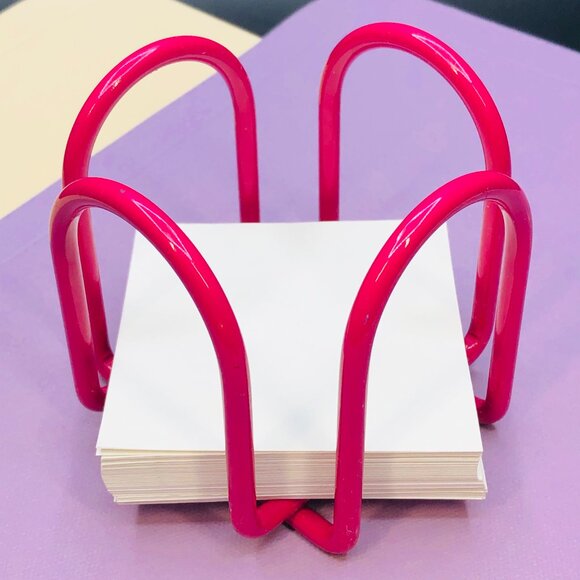 90s Fuchsia Pink Enamel Metal Wire Arch Square Notepad Holder, Vintage Office - Picture 2 of 9